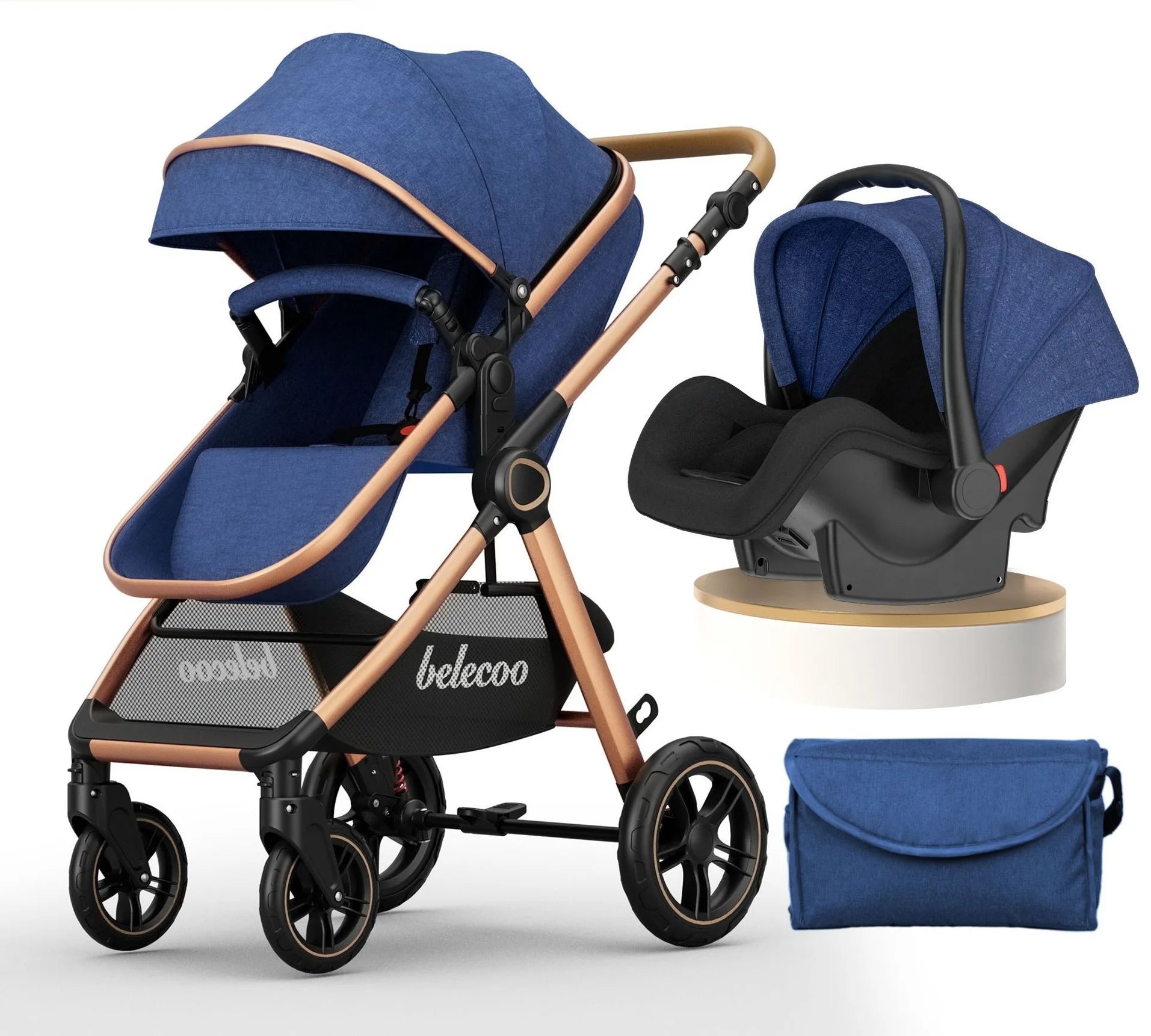 barnevogn Luxury Baby Stroller Pram 3 in 1 med Auto Stol,  Pusle taske