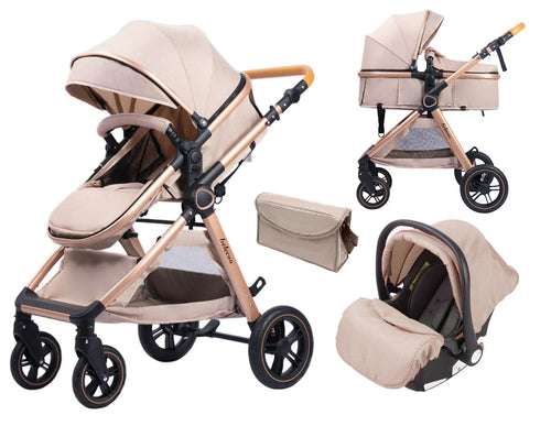 barnevogn Luxury Baby Stroller Pram 3 in 1 med Auto Stol,  Pusle taske