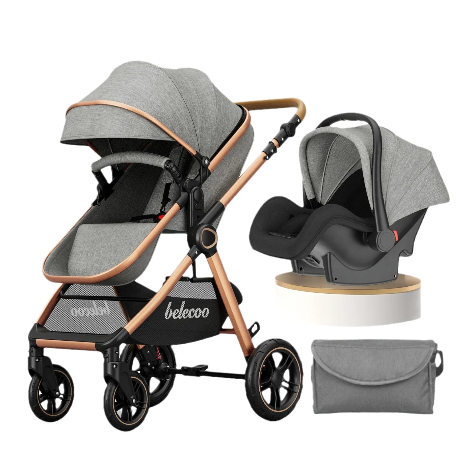 barnevogn Luxury Baby Stroller Pram 3 in 1 med Auto Stol,  Pusle taske